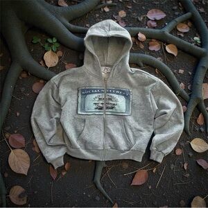 Gray Zip-Up Hoodie with Graphic Patch